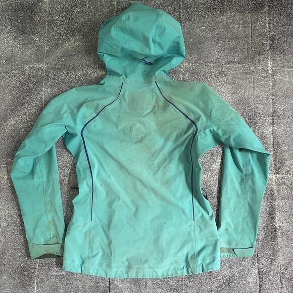 Women's Outdoor Research Gore Tex Teal Blue Hooded Revelation Rain Jacket Sz M - Picture 5 of 6